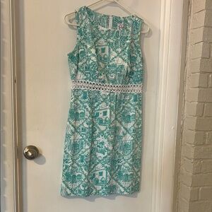 Sleeveless Teal and White Dress with Lace Detail